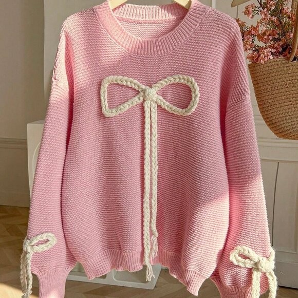 Pink Casual Women's Round Neck Bow Design Long-Sleeved Knit Sweater - Picture 3 of 10